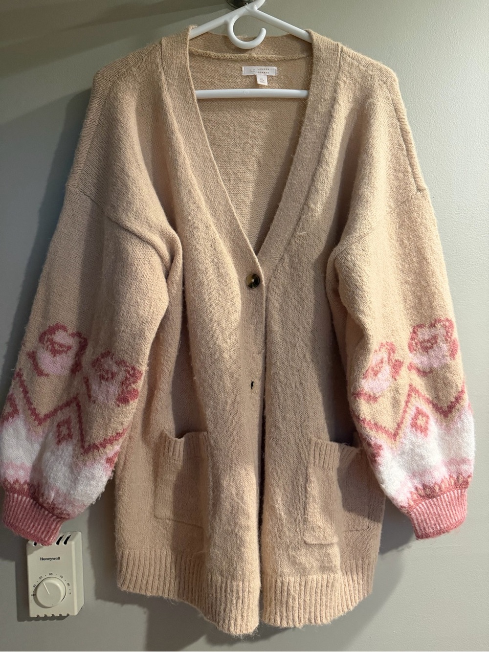 LC Lauren Conrad Beige Cardigan with Pink Floral Accent Sleeves